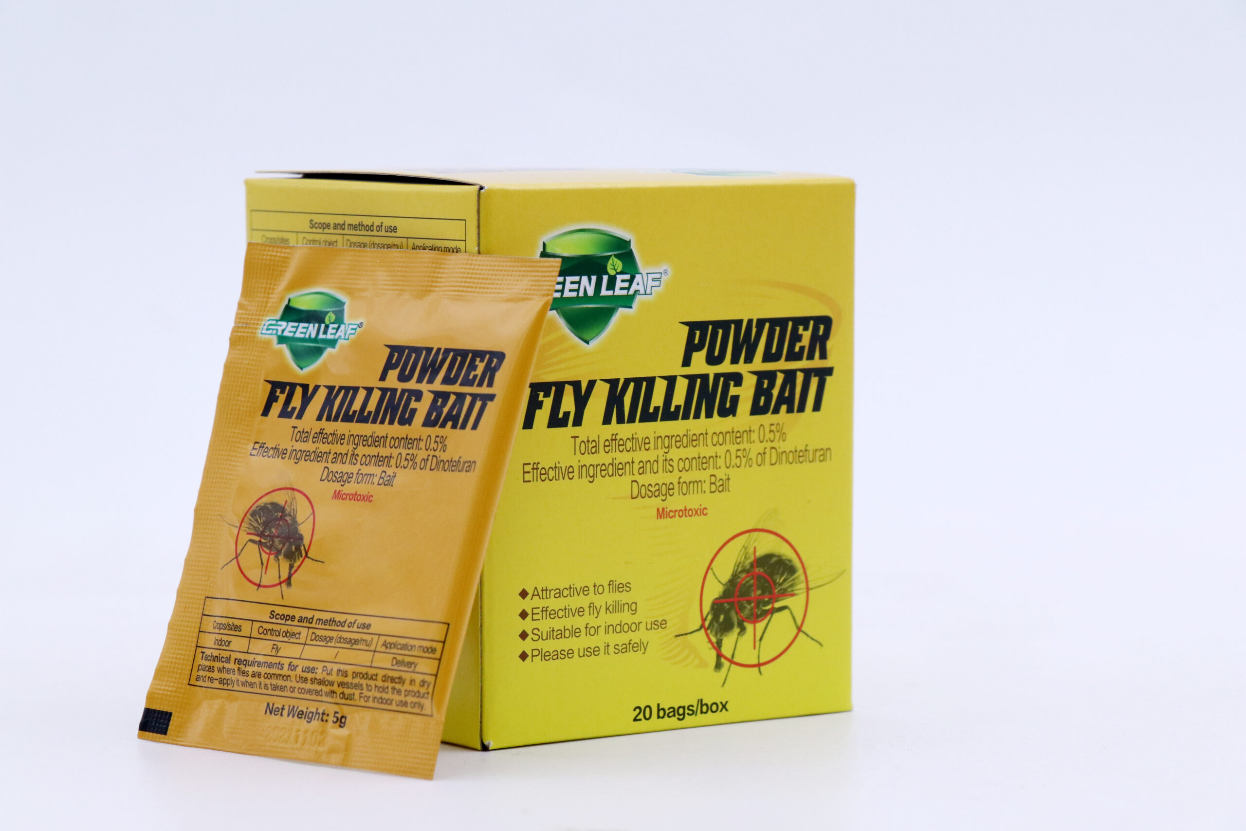 IMG_2314 Free Shipping GREEN LEAF Fly Killing Bait Powder, 0.5% Dinotefuran Fly Killer Bait, 5g Per Sachet, 20 Bags Per Box, Indoor Fly Control - Image 1