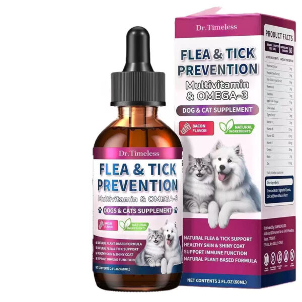 Free Shipping Flea & Tick Prevention Drops for Dogs & Cats | Natural Oral Supplement with Omega-3 & Multivitamins | Bacon Flavor | 2 fl oz (60mL)